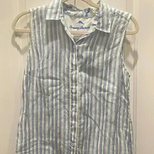 TOMMY BAHAMA BLUE STRIPPED 100% LINEN TOP SIZE SMALL VACATION CRUISE BEACH